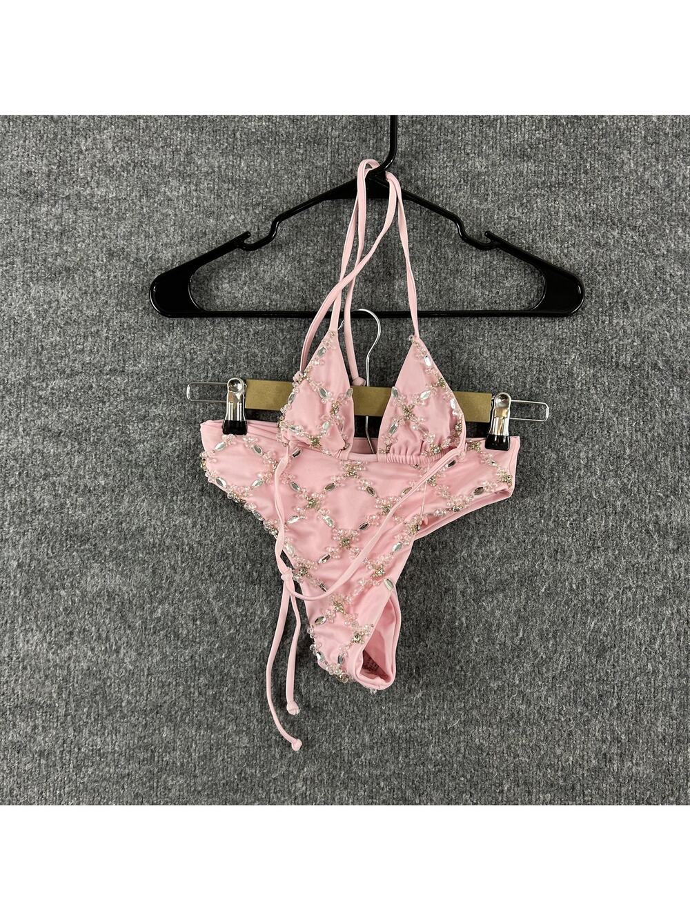 Oceanus Bikini Set XS Pink Embellished Triangle Top Bottom Rhinestone Beach Pool